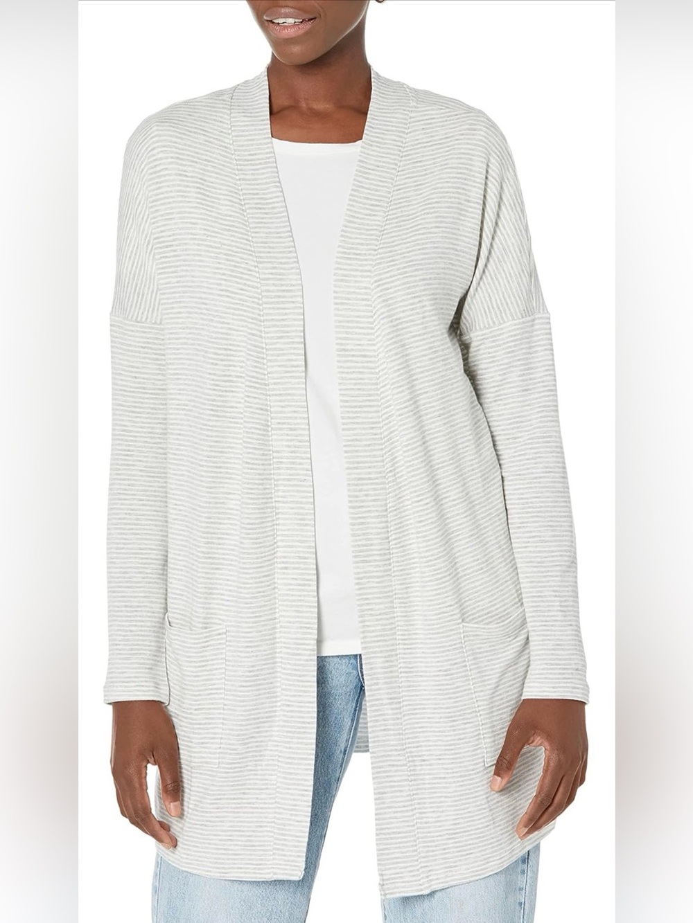 Amazon Essentials Light Gray and White Open Front Cardigan Sweater | Size Large